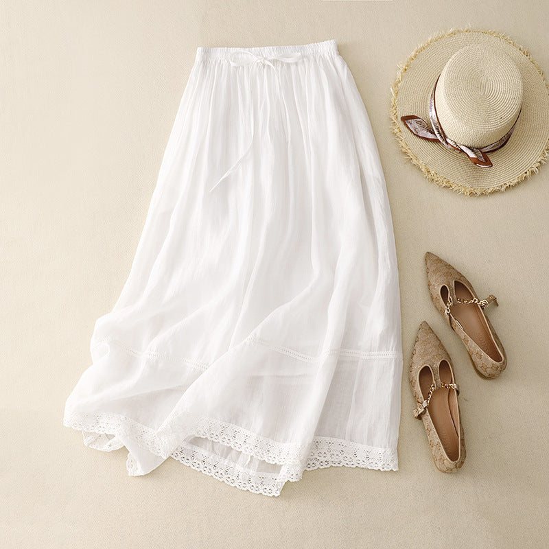 Women's beige linen blend midi skirt gathered tie waist scalloped lace hem vintage boho style