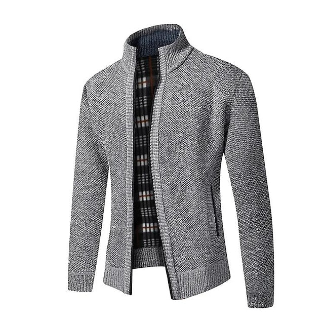 Men's zip-up cardigan with plaid inner lining, tailored fit, classic knit exterior for versatile layering