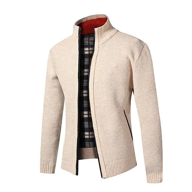 Men's zip-up cardigan with warm plaid inner lining, tailored fit, classic knit exterior for layering