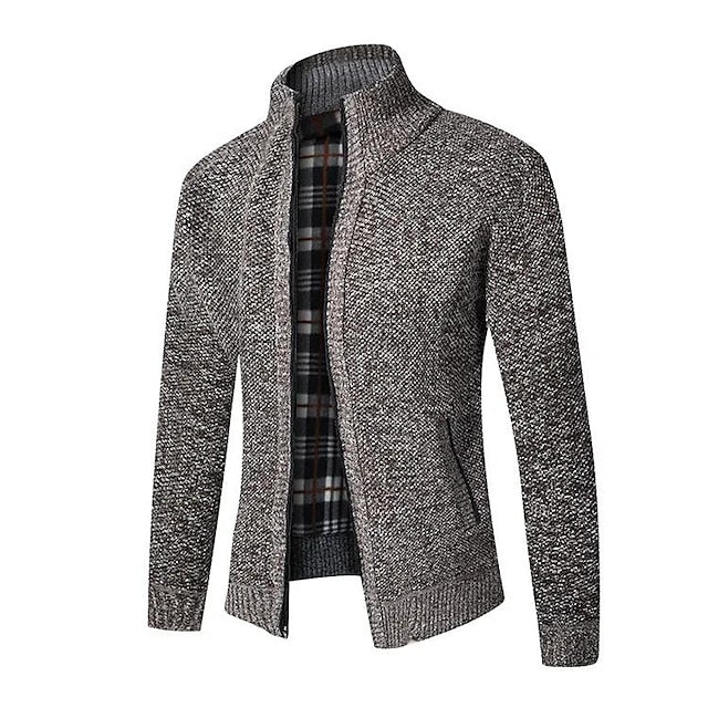 Men's zip-up cardigan with warm plaid inner lining, tailored fit, classic knit exterior for layering