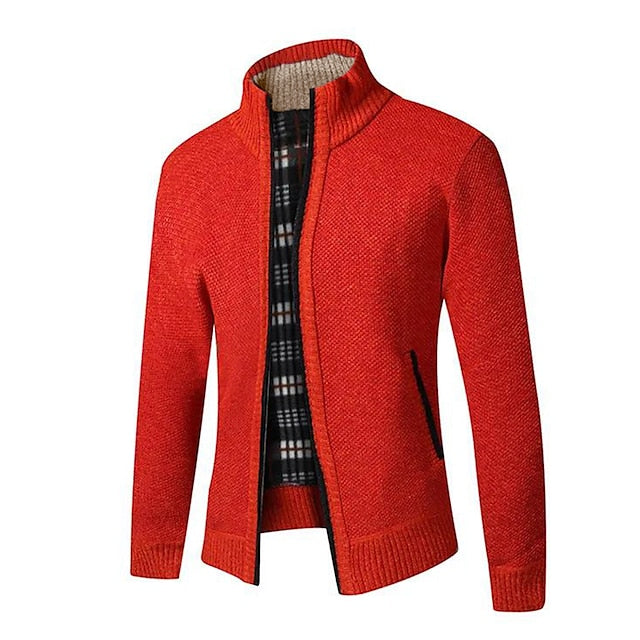 Men's zip-up cardigan with plaid inner lining, tailored knit fit for versatile everyday layering