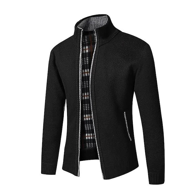 Men's zip-up cardigan with plaid inner lining, tailored knit fit, and full-zip closure for layering