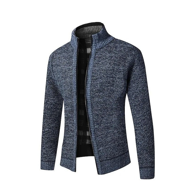 Men's zip-up cardigan with plaid inner lining, tailored fit, warm knit layering piece for everyday wear