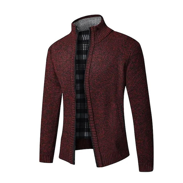 Men's zip-up cardigan with warm plaid inner lining, tailored fit, classic knit exterior for layering