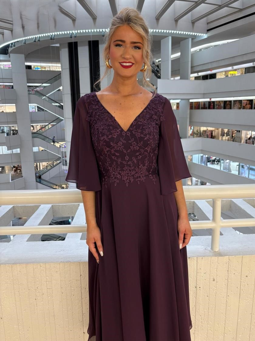 Rina Di Montella chiffon midi cocktail dress A-line silhouette V-neck short sleeves mother of bride