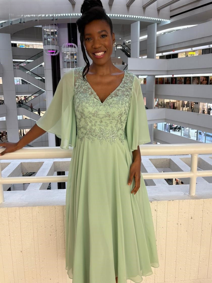 Rina Di Montella chiffon midi cocktail dress A-line silhouette V-neck short sleeves mother of bride