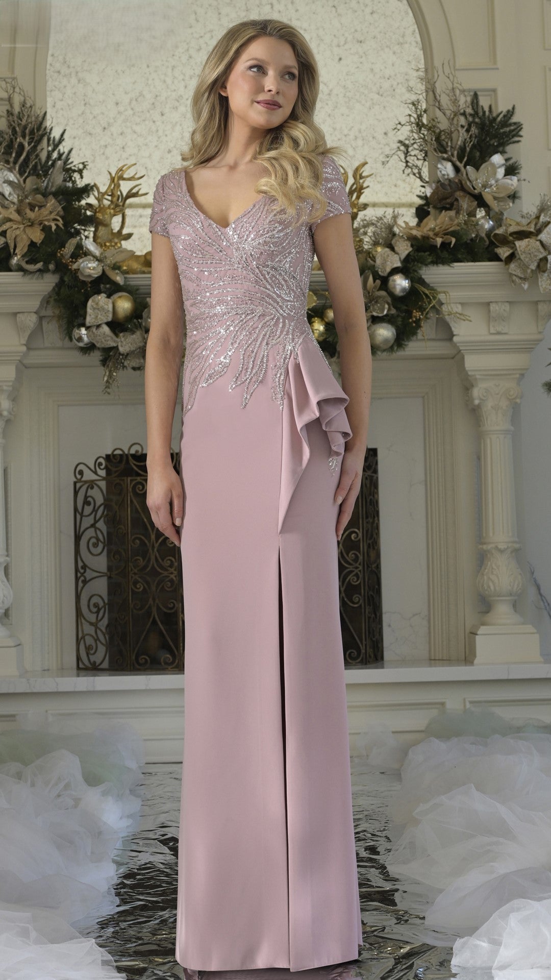 Crepe fit-and-flare mother of bride gown with embroidered V-neck, cap sleeves, and side ruffle slit