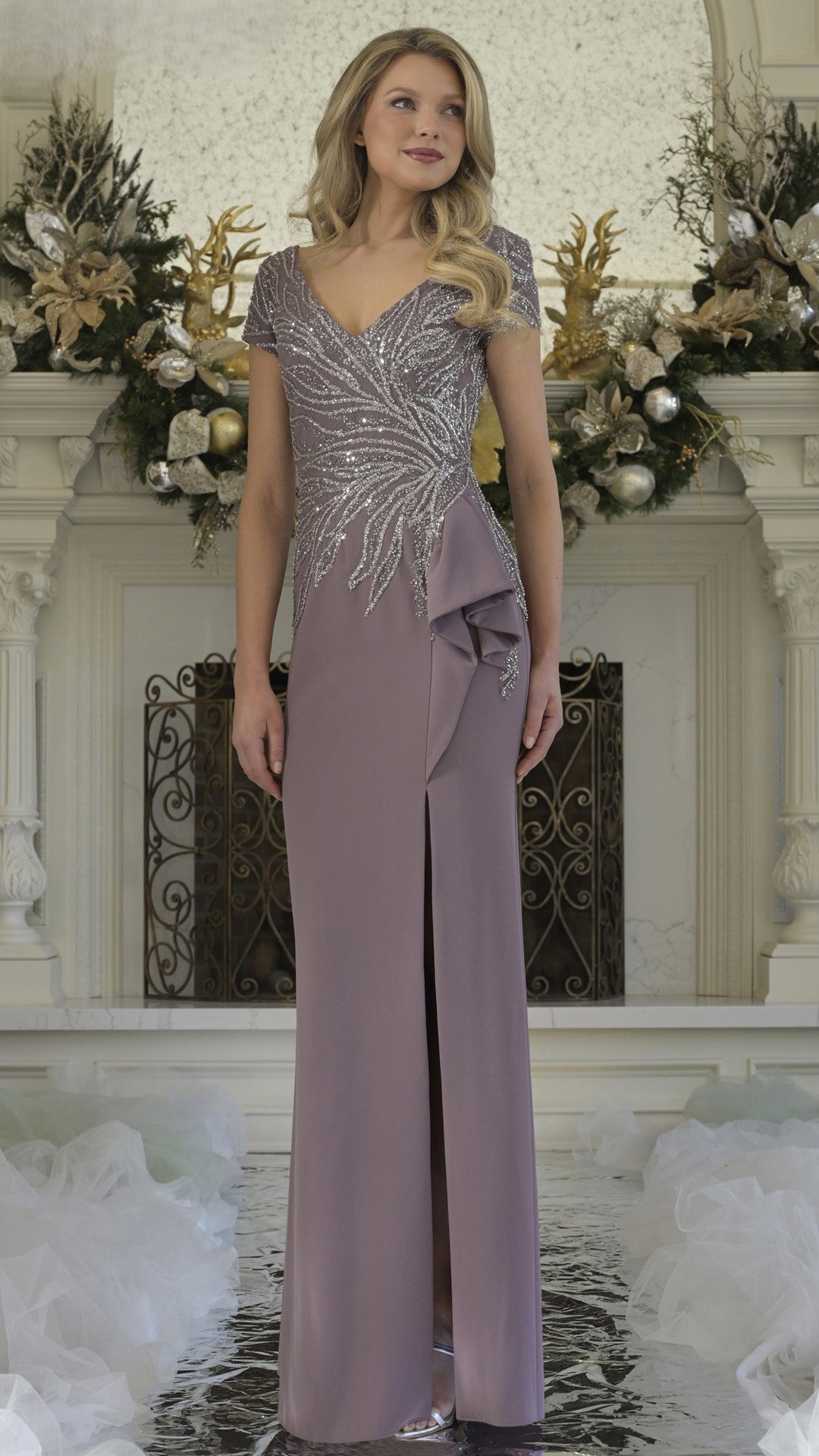Crepe fit-and-flare mother of bride gown with embroidered V-neck, cap sleeves, and side ruffle front slit