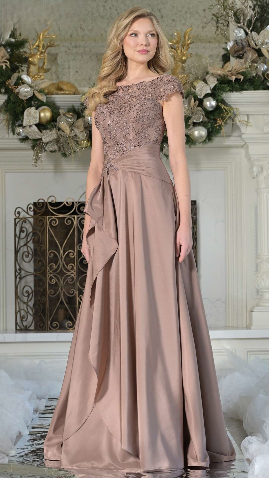 Rina Di Montella long formal A-line taffeta dress with embroidered bodice for mother of the bride