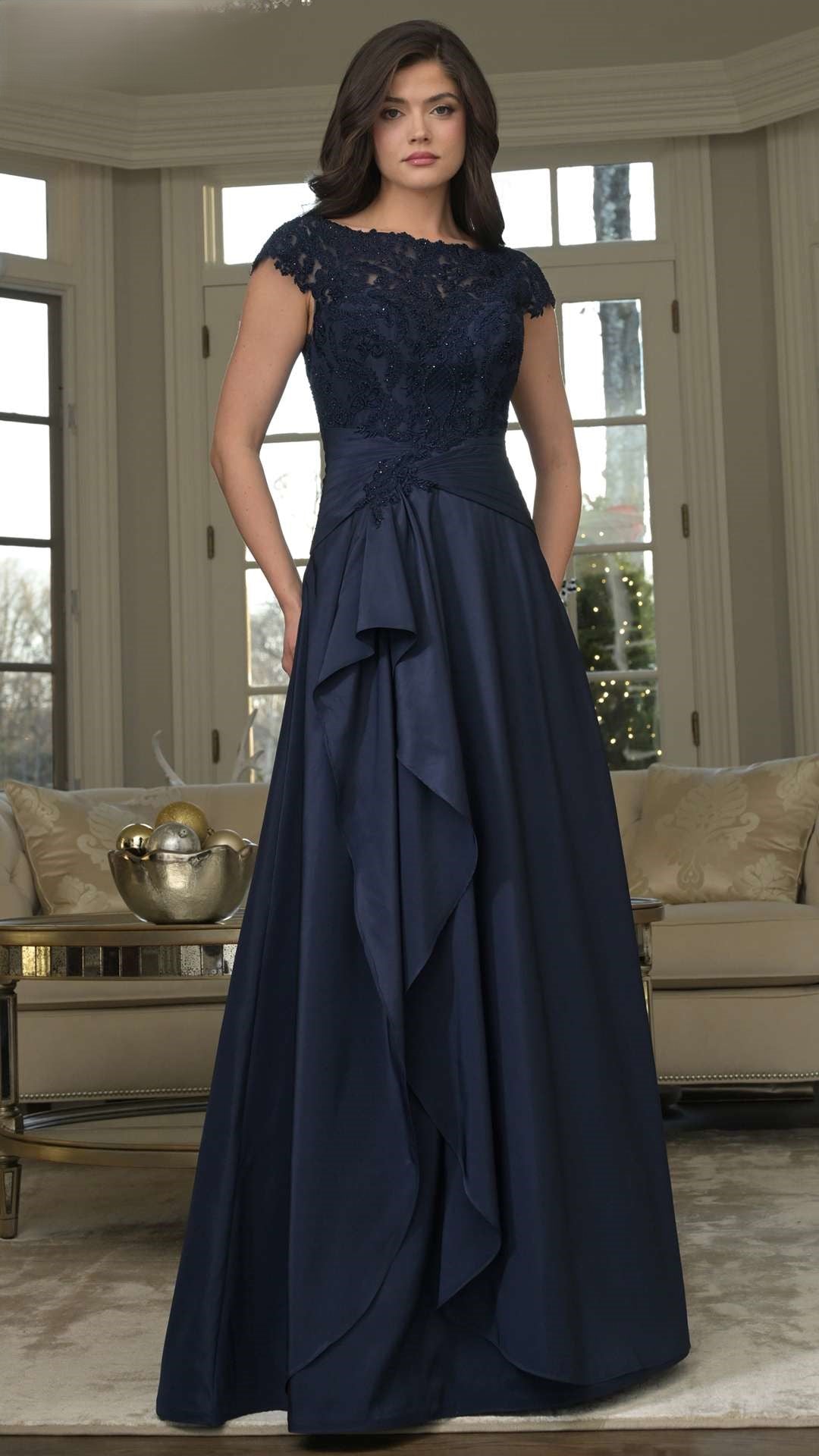 Rina Di Montella long formal A-line mother of bride taffeta dress with embroidered bodice