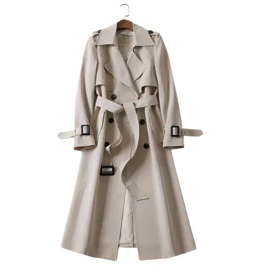 Women's warm beige trench coat classic silhouette with elegant belted waist for winter