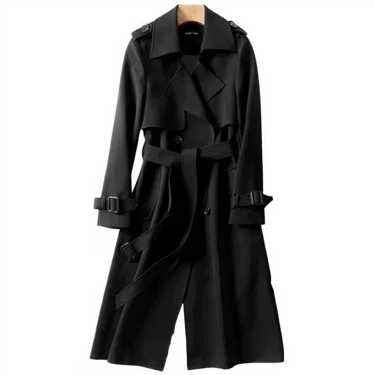 Women's warm beige trench coat classic silhouette with cozy winter-ready lining for elegant layering