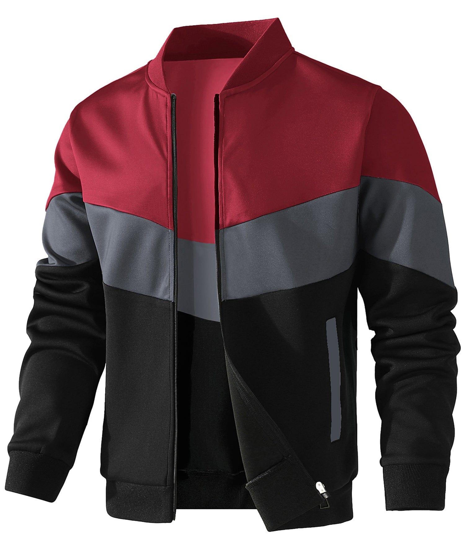 Men's color block hip-length bomber jacket with zip front closure and ribbed collar