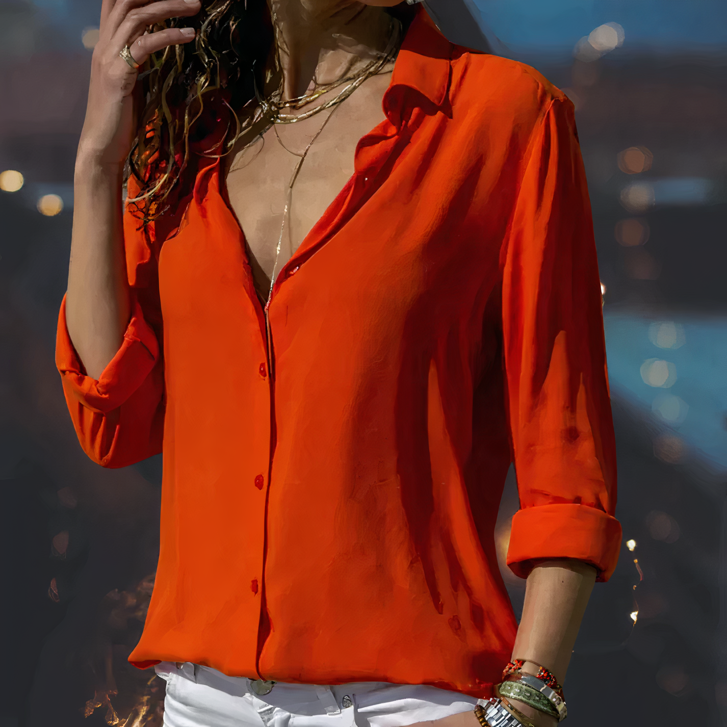 Women's elegant chiffon blouse lightweight flowy silhouette in soft neutral tone for office and casual wear