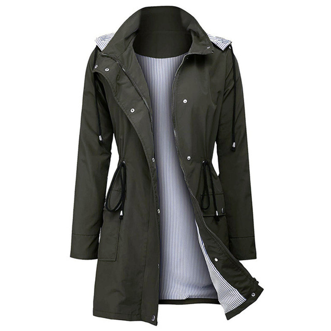 Women's waterproof rain jacket with adjustable hood, breathable lining, functional pockets, slim fit