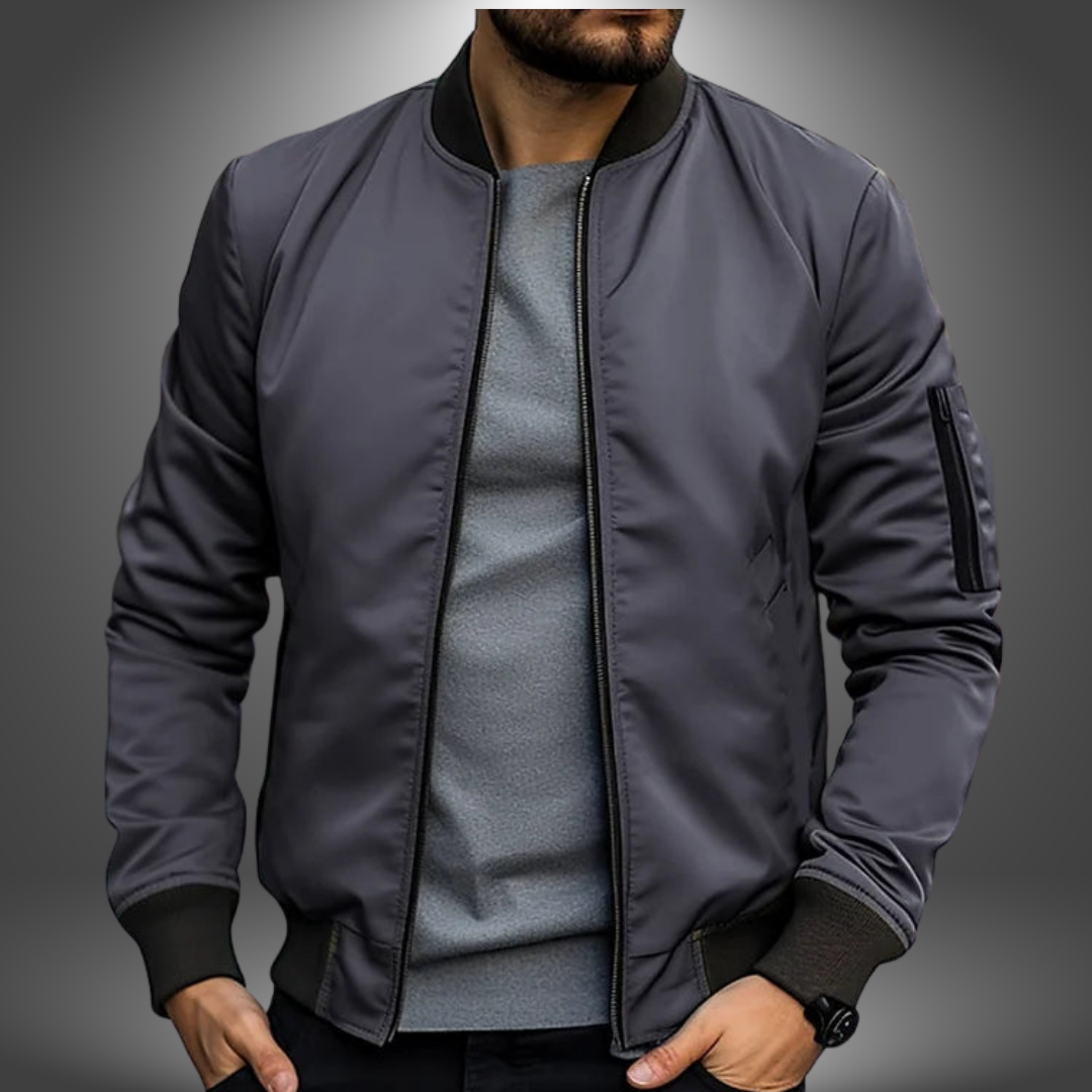 Olive green lightweight bomber jacket with ribbed collar, slim modern silhouette for fall spring layering