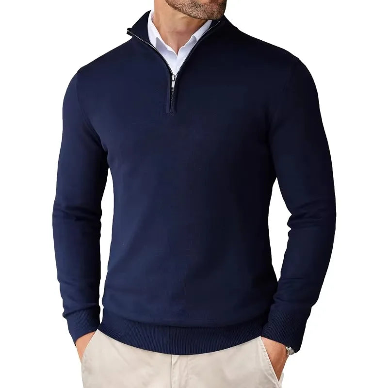 Men's regular fit soft knit sweater with zip collar and ribbed edges for everyday urban style