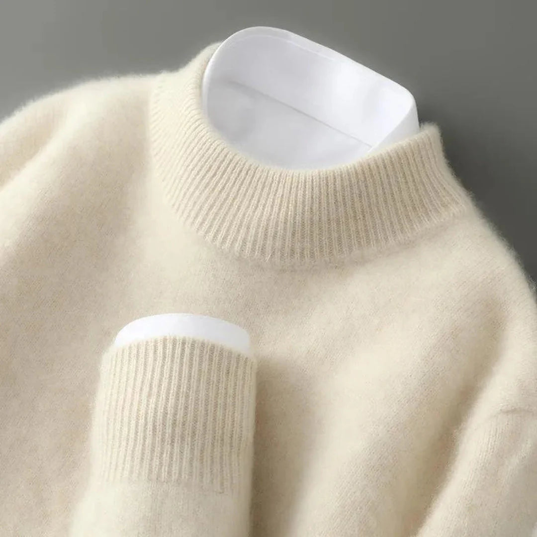 Women's pure cashmere turtleneck sweater with ribbed neck and cuffs, ultra-soft knit silhouette