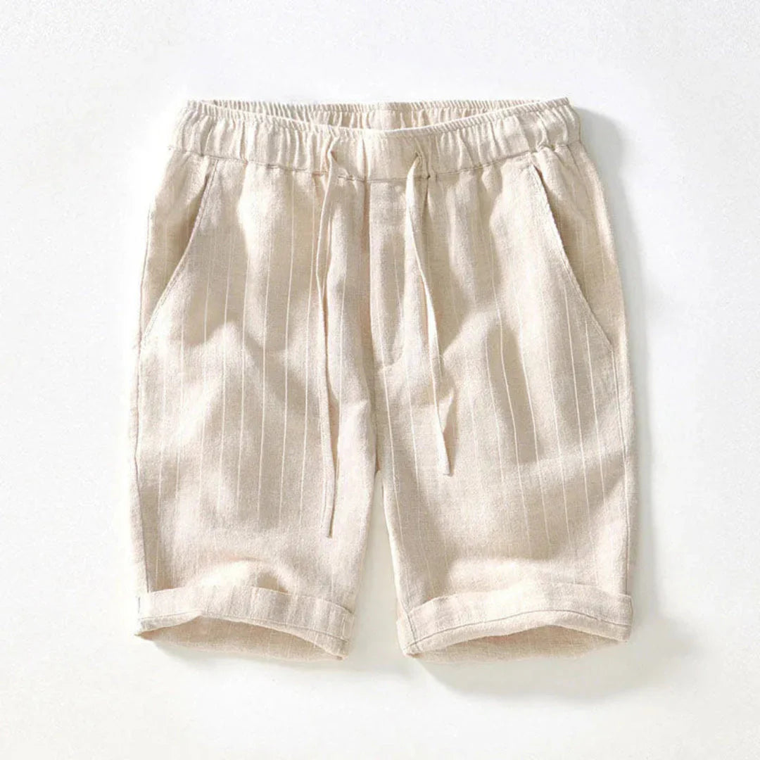 Men's knee-length linen-cotton pinstripe shorts in neutral tones with elastic drawstring waist