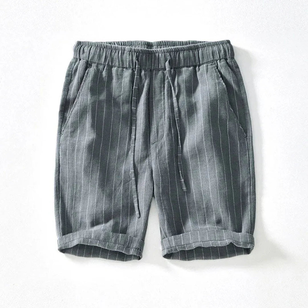 Men's knee-length linen-cotton pinstripe shorts in neutral tones with elastic drawstring waist