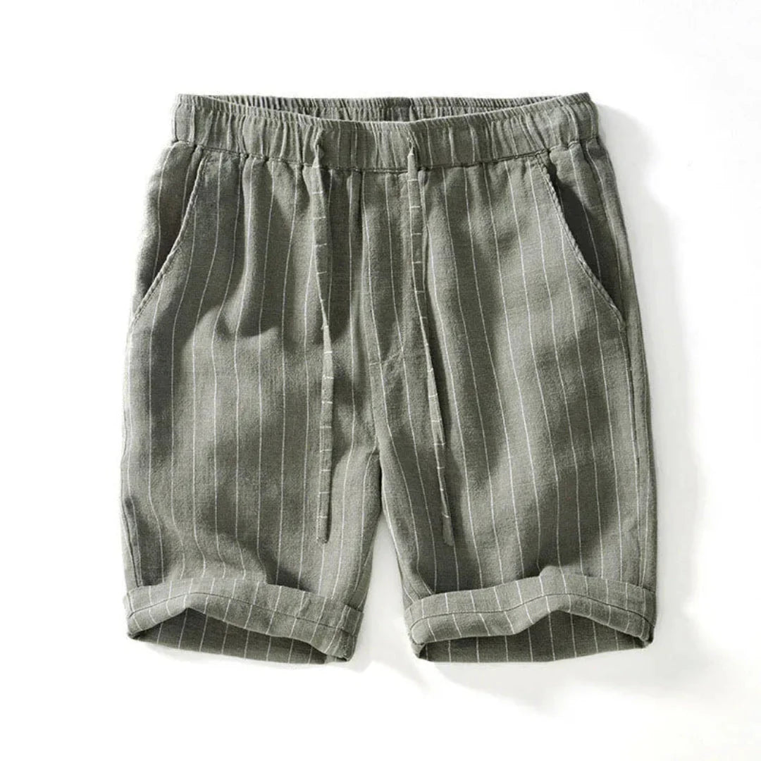 Men's knee-length linen-cotton pinstripe shorts in neutral tones with elastic drawstring waist