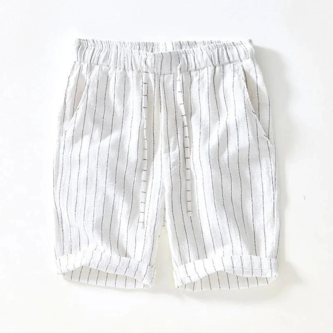 Men's knee-length linen-cotton pinstripe shorts in neutral tones with elastic drawstring waist