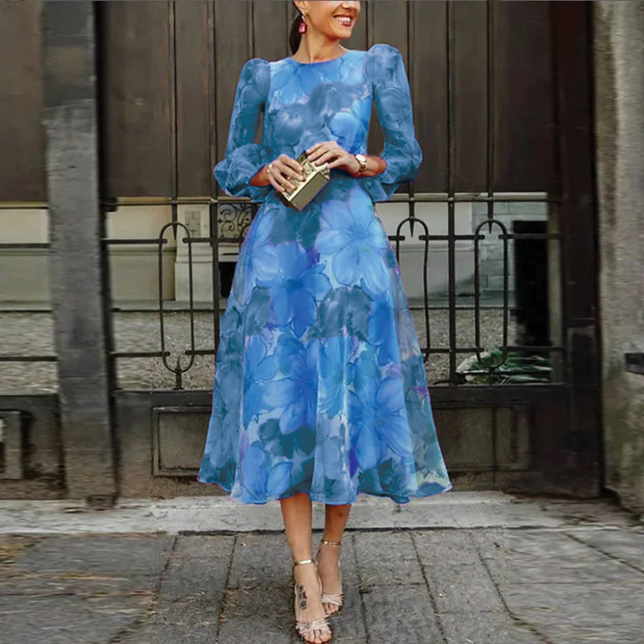 Raelynn floral midi dress in vibrant spring print with romantic blooms, elegant silhouette for weddings