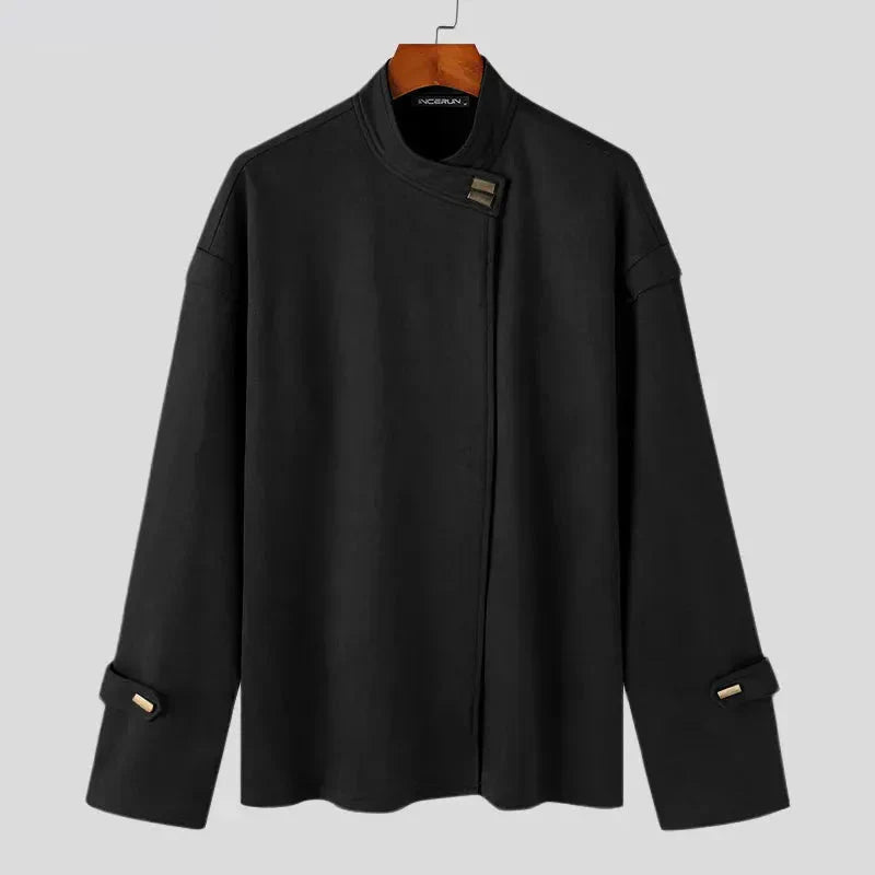Rafael black stand collar jacket premium soft-touch fabric asymmetrical front closure modern fit