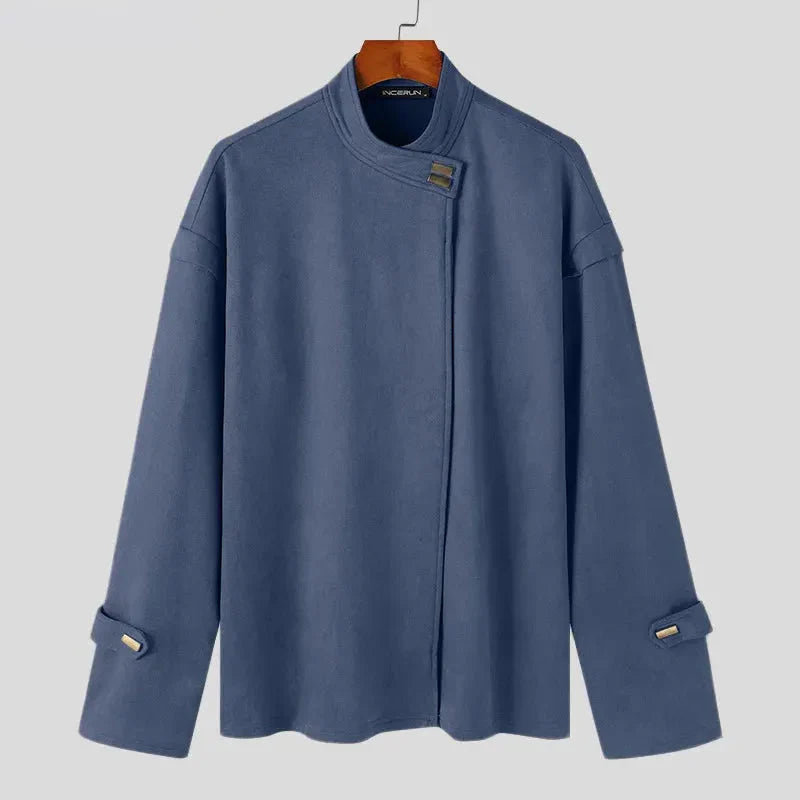 Rafael black stand collar jacket premium soft-touch fabric asymmetrical front closure modern fit