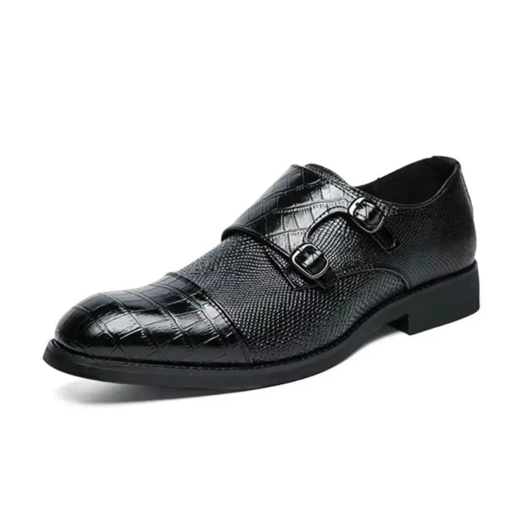 Rafe Astor monk strap shoes bold color contrast textured detailing luxury statement footwear