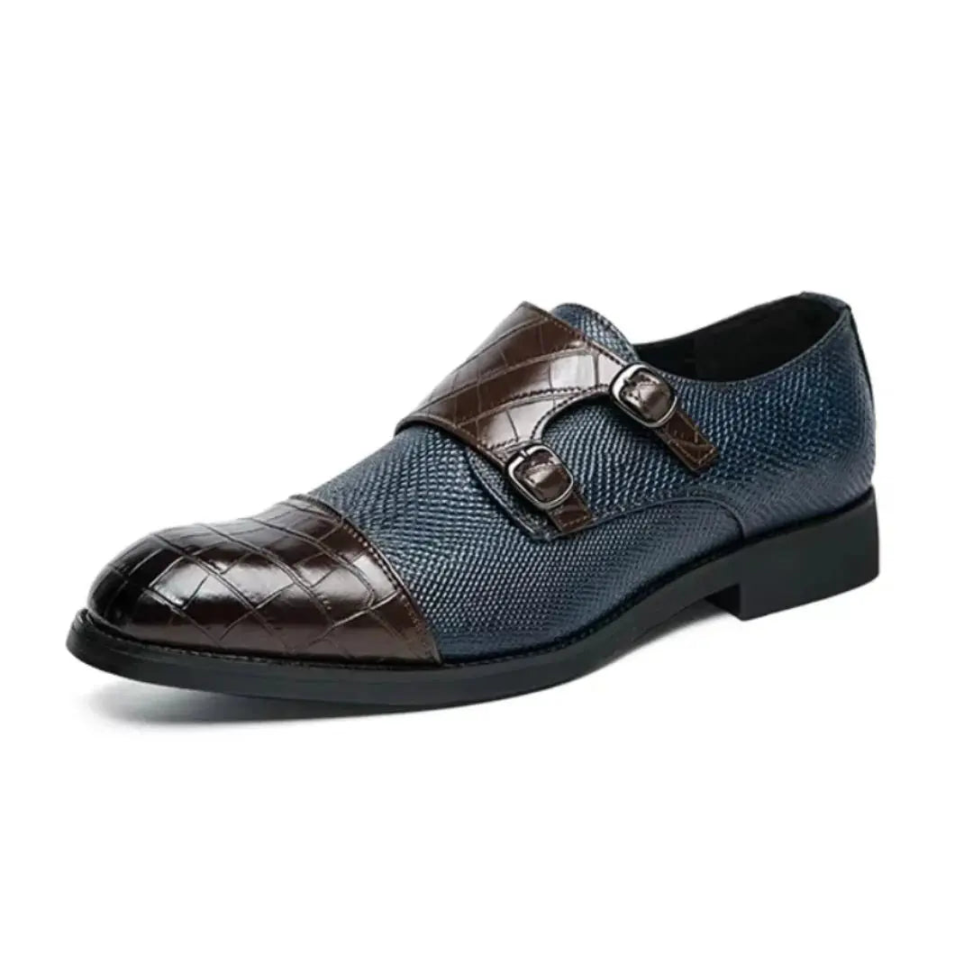 Rafe Astor monk strap shoes bold color contrast textured detailing luxury statement footwear