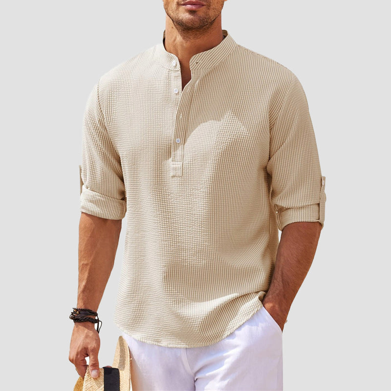 Men's waffle texture henley shirt relaxed fit casual long sleeve with button placket