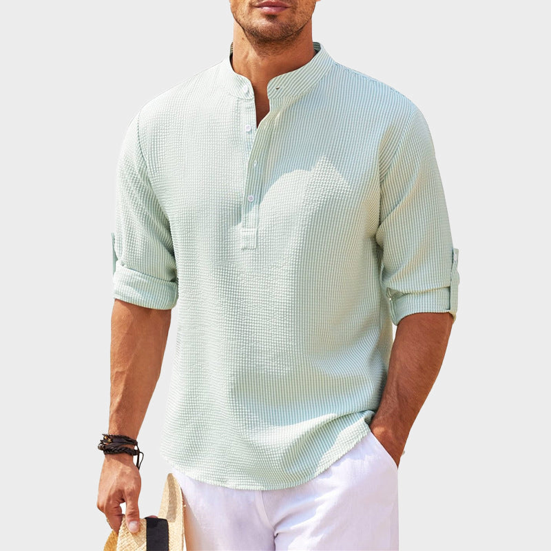 Men's waffle texture henley shirt relaxed fit casual long sleeve button placket