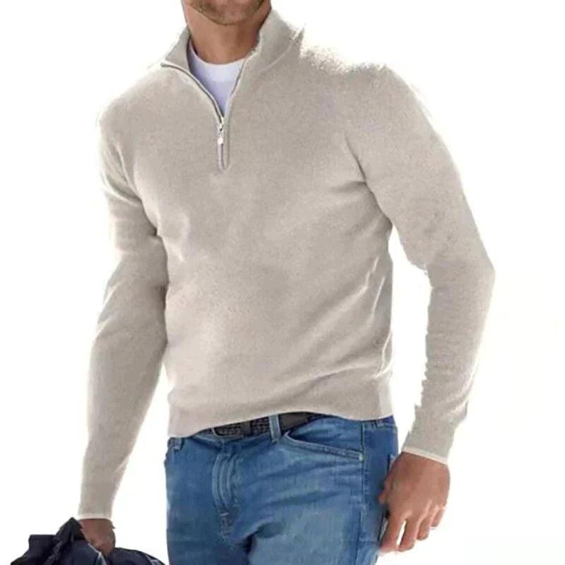 Men's lightweight zip pullover stand-up collar long-sleeve layer in versatile neutral tone