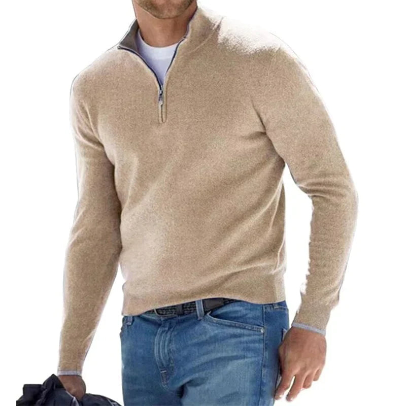 Men lightweight zip pullover stand-up collar long-sleeve casual layer versatile neutral-tone silhouette