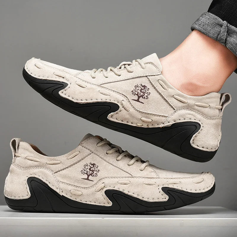 Men's genuine suede leather sneakers raw stitch detailing cushioned flexible grip casual style