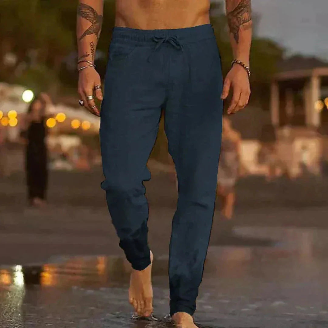 Men's tapered linen blend pants natural tones relaxed fit elastic waistband drawstring beach casual