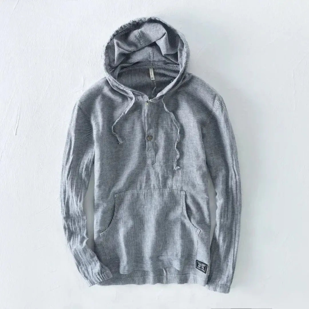 Unisex lightweight cotton-linen hooded button-up shirt with drawstring hood and pinstripe texture