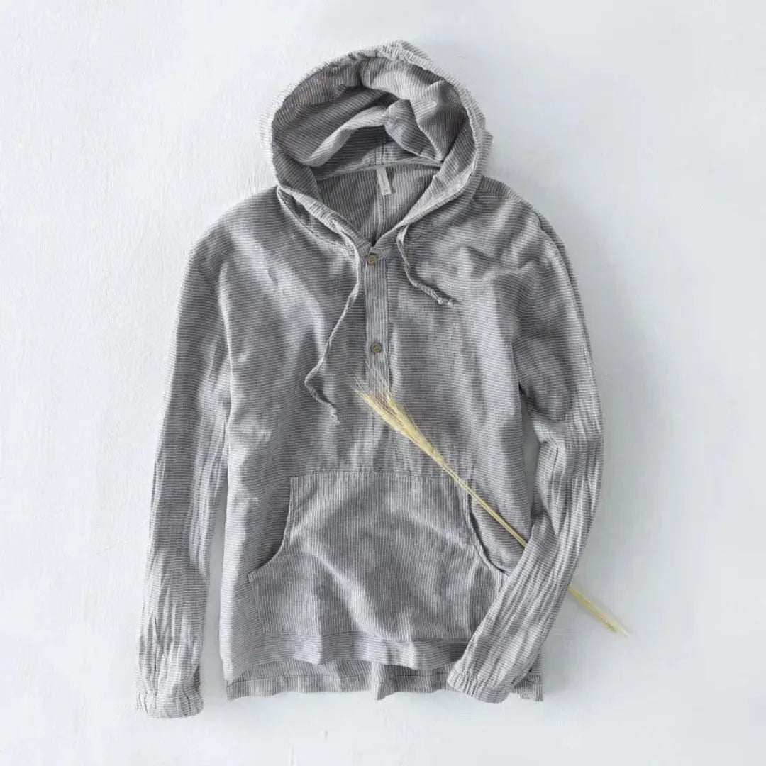 Unisex lightweight cotton-linen hooded button-up shirt with drawstring hood in subtle pinstripe