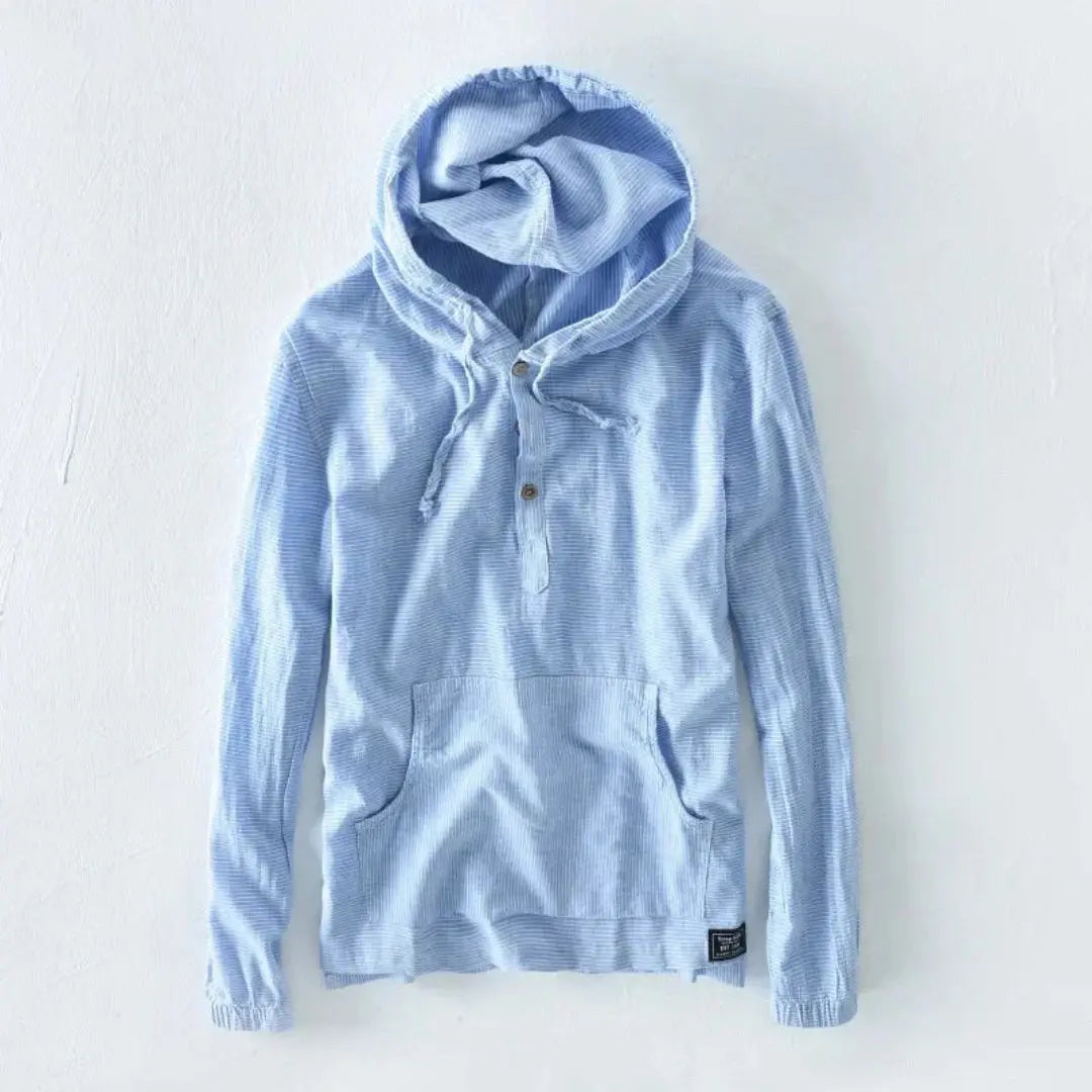 Unisex lightweight cotton-linen hooded button-up shirt with drawstring hood in subtle pinstripe