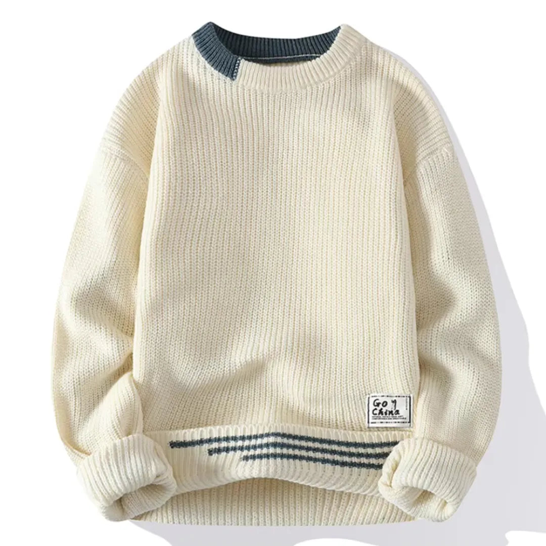 Men's wool blend striped crewneck sweater relaxed hip-length fit warm knit winter style