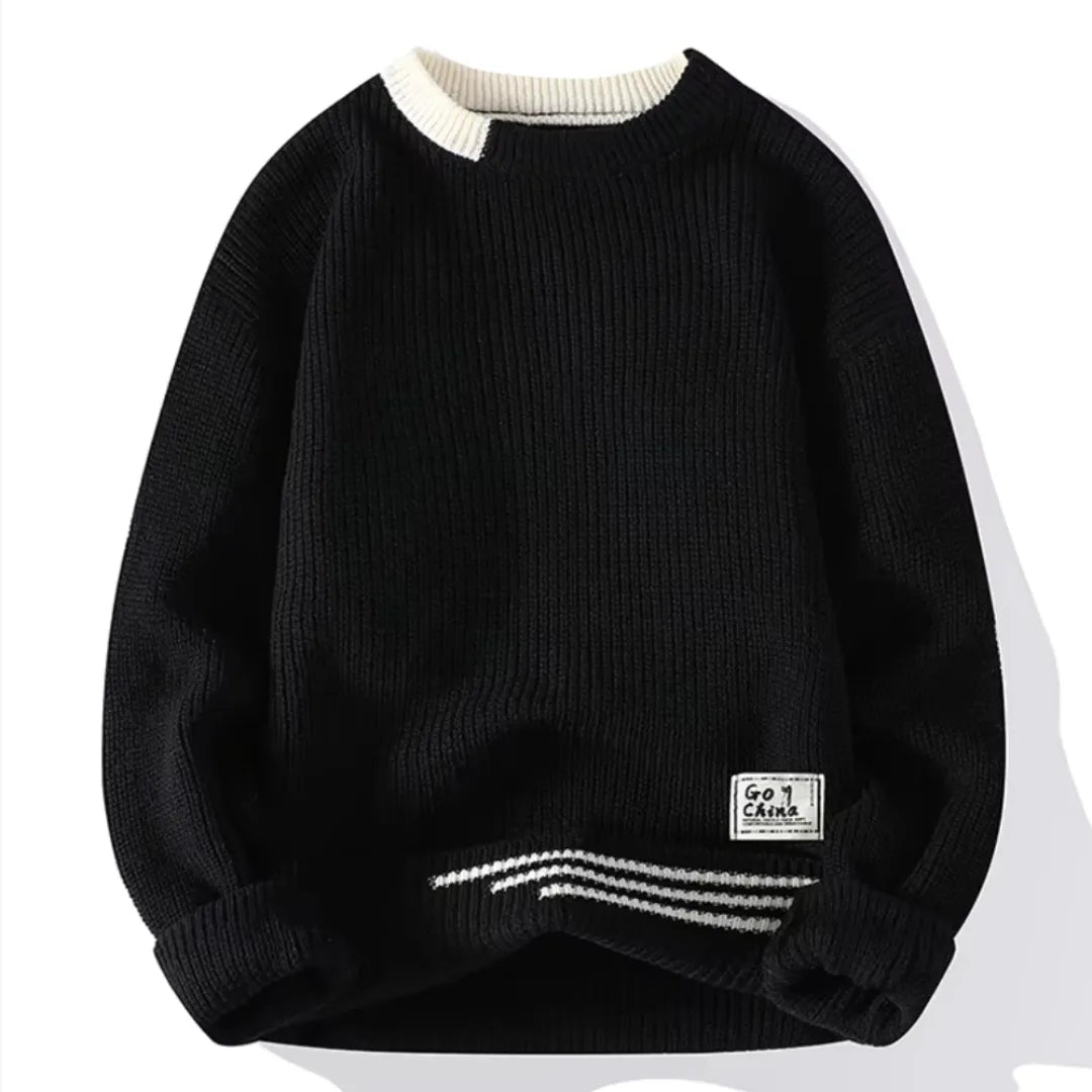 Men's wool blend striped crewneck sweater relaxed hip-length fit warm knit winter style