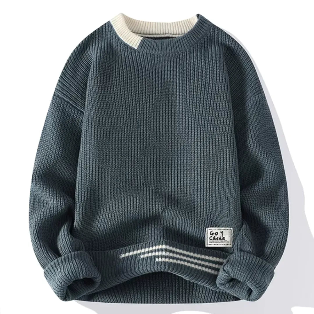 Men's wool blend striped crewneck sweater relaxed hip-length fit warm knit winter style
