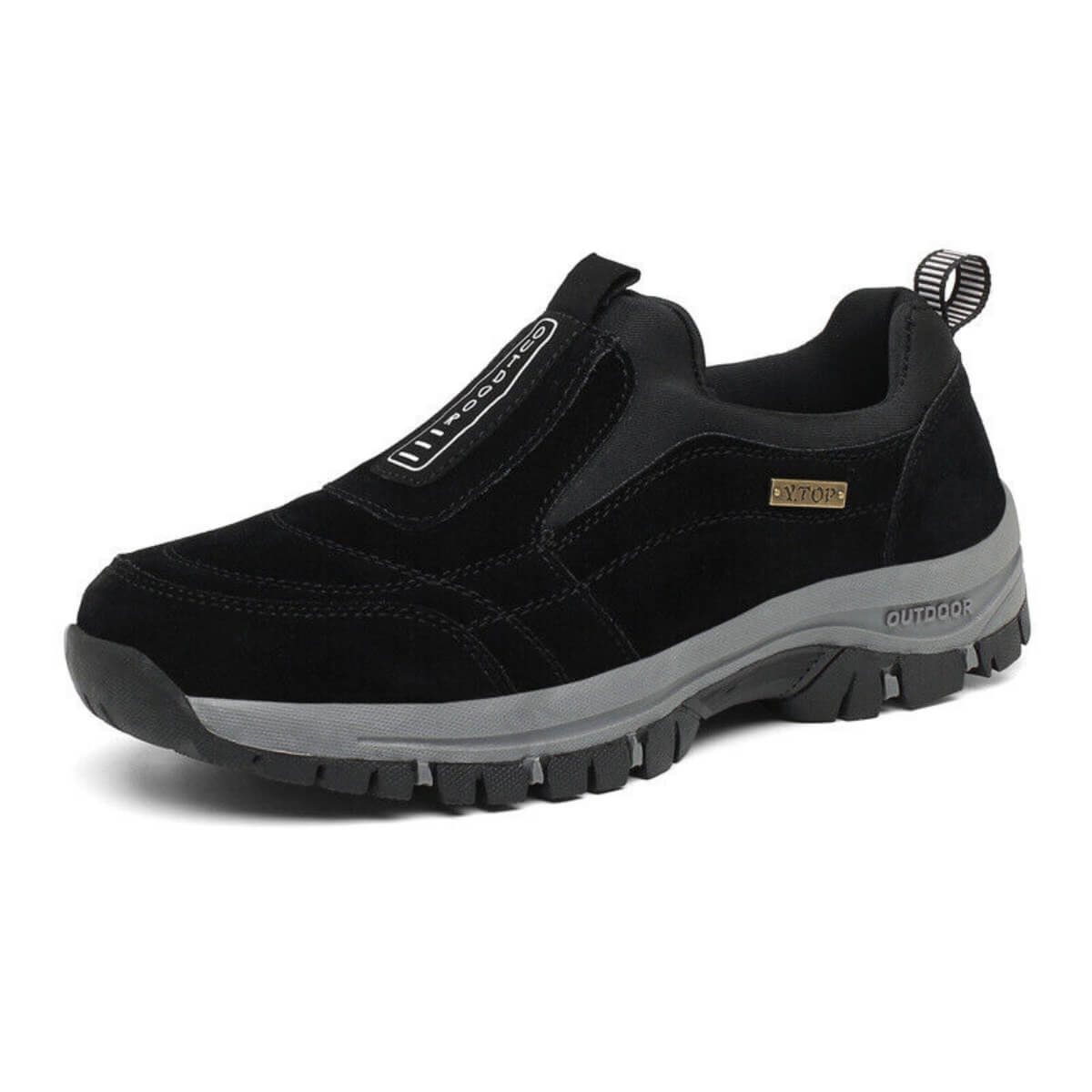 Men's black slip-on casual shoes with elastic panels and rugged rubber sole for all-day comfort