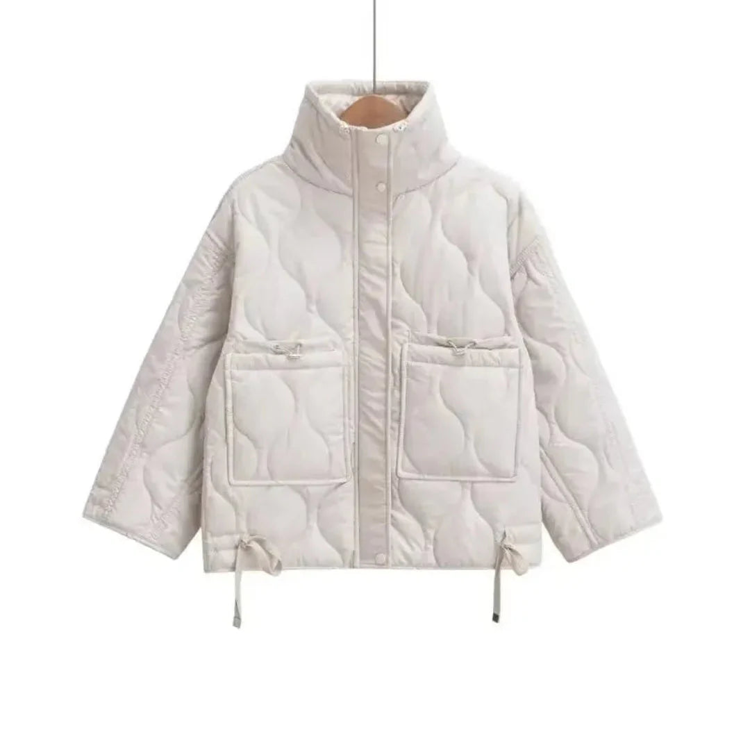 Black quilted puffer jacket stand collar wave-pattern stitching everyday city style