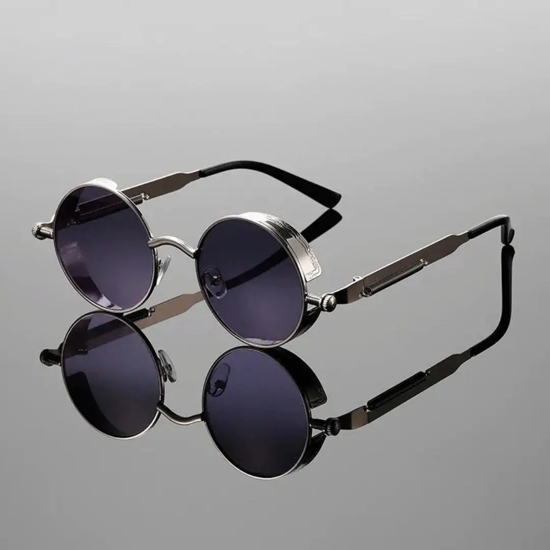 Black round steampunk sunglasses with retro metal detailing for bold festival fashion