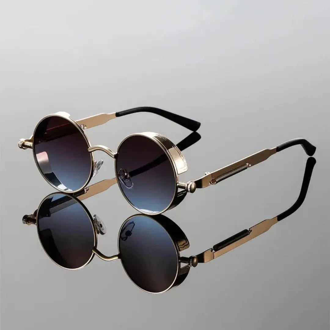 Black round steampunk sunglasses with retro metal detailing for bold festival fashion
