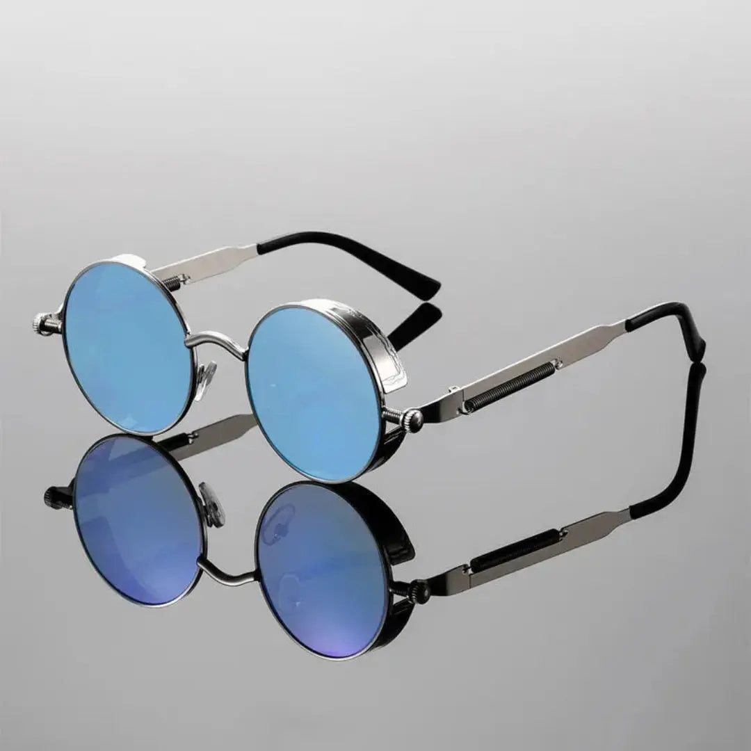 Black round steampunk sunglasses with retro metal detailing for bold festival fashion