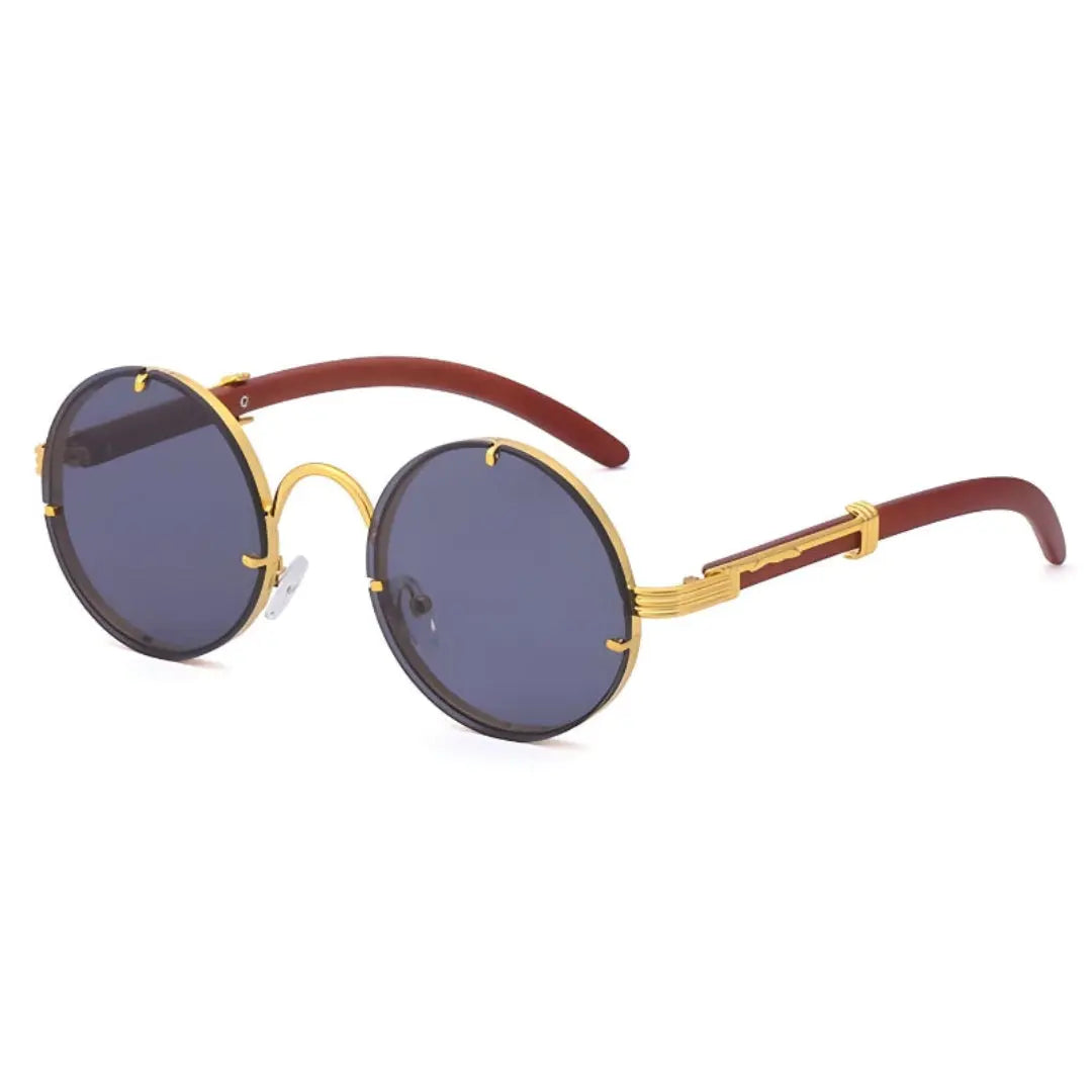 Vintage round wood-grain sunglasses with gold accents and UV400 lenses for retro style lovers
