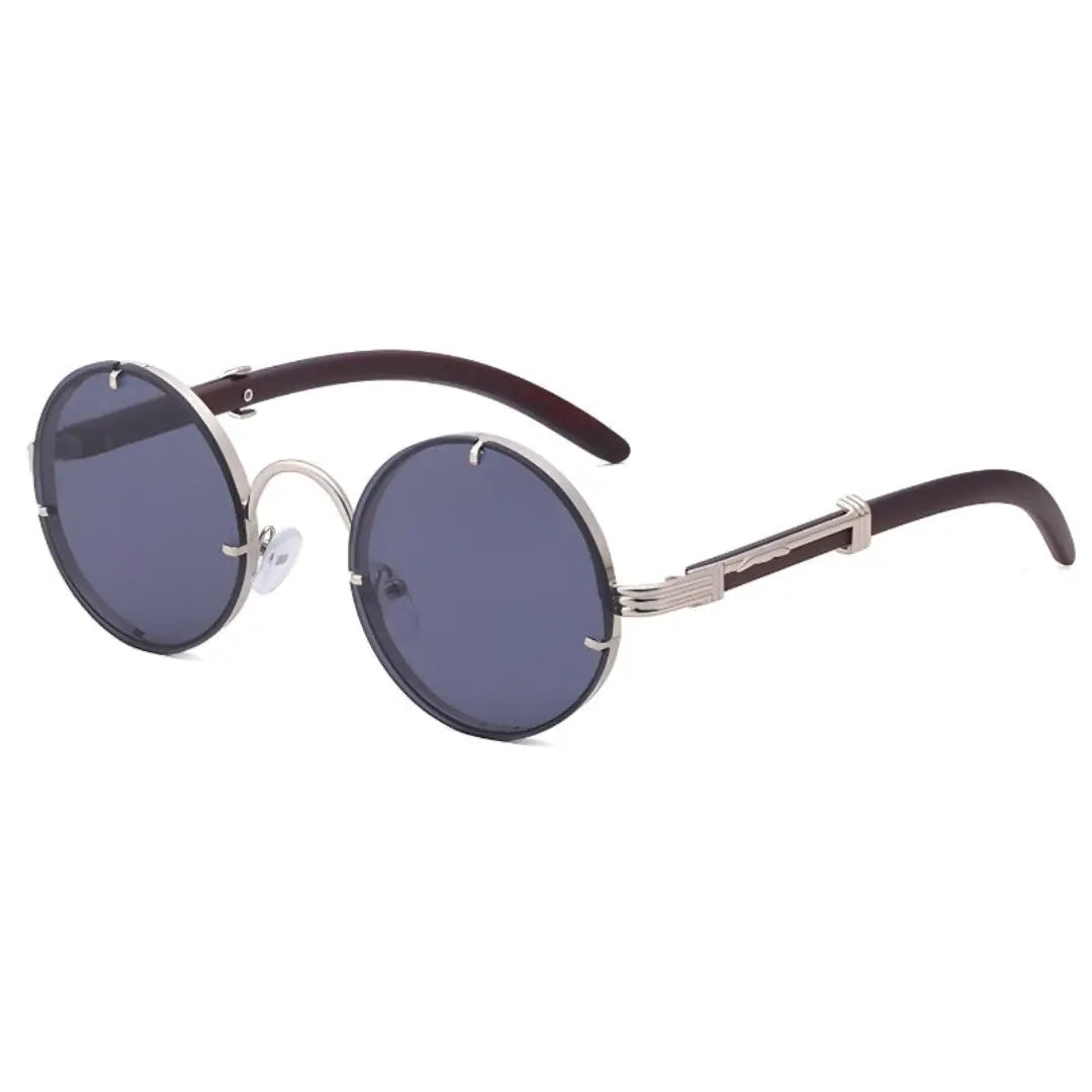 Vintage round wood-grain sunglasses with gold accents and UV400 protection for retro style